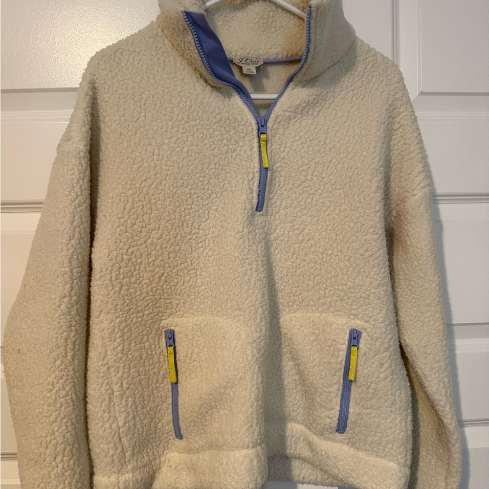 J. Crew Cream Fleece Jacket with Blue and Yellow Zippers